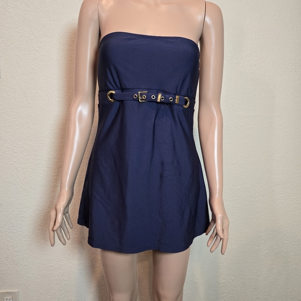 Michael Kors Strapless Navy Belted Swimsuit Size 12 Navy Whit Gold